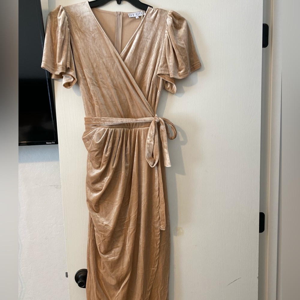 Ivy City Co Gold Velvet Wrap Dress